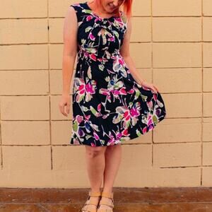 WISP Floral Cut Out Jersey Sleeveless Knee Length Dress Navy Multicolor Size 12